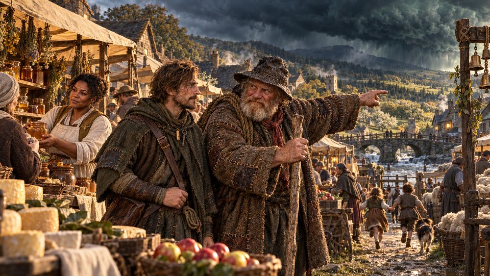 Market day in Brindle Hollow, with the storm rolling in from the north