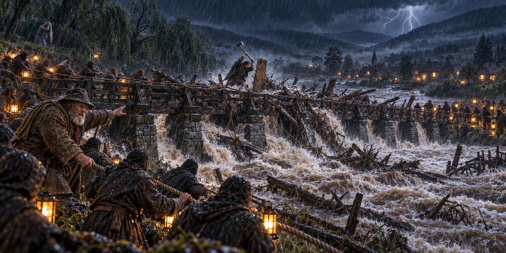 Toman raises the axe at Brindle Bridge in the flood
